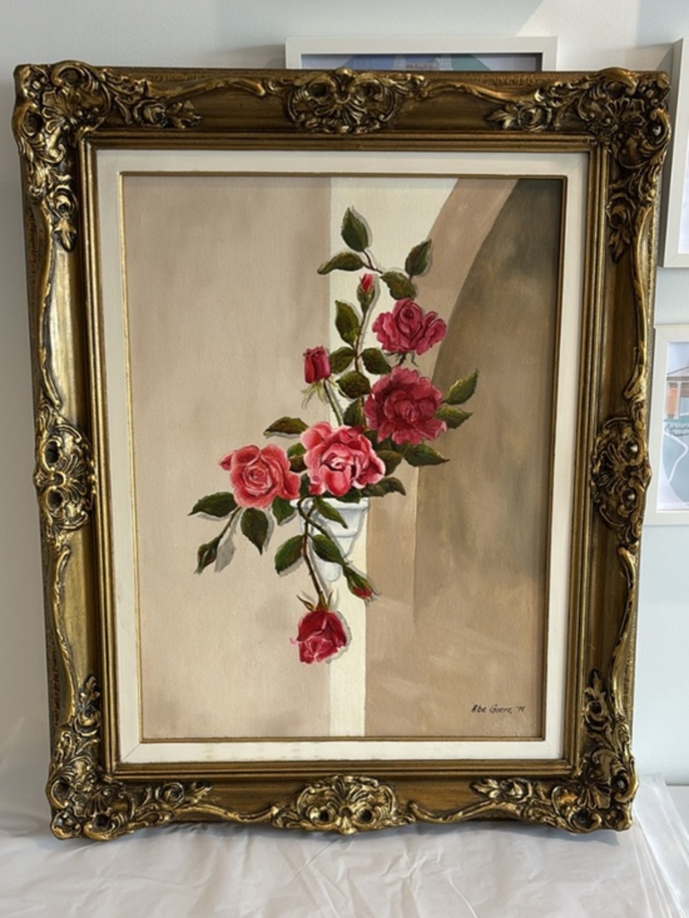 Vintage Abe Goerz signed oil painting floral rose design ornate gold frame 1979